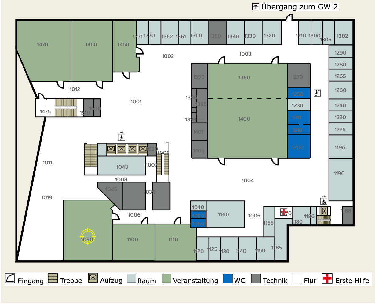 Layout of the 1st floor of the MZH building. Room 1090 marked in yellow